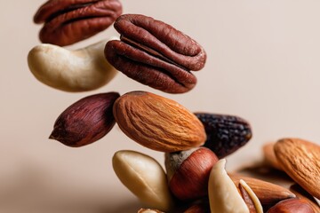 Obraz premium Levitation of assorted nuts captured in a creative food photography studio setting