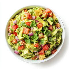 A bowl of fresh guacamole made with ripe avocados, diced tomatoes, red onions, cilantro, and lime juice. The creamy texture is enhanced by the vibrant mix of ingredients, ready to be served with