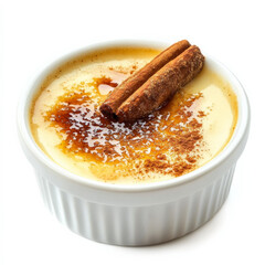 A close-up of a creamy Catalan cream dessert, a Spanish version of crÃ¨me brÃ»lÃ©e, with a smooth and creamy custard base, infused with citrus zest and cinnamon, topped with a crispy caramelized sugar