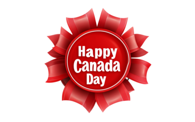 Close up of a vibrant red ribbon rosette with white Happy Canada Day lettering perfect for festivities isolated on white background PNG