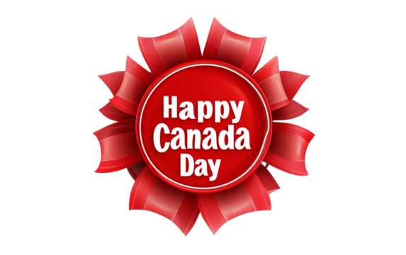 Close up of a vibrant red ribbon rosette with white Happy Canada Day lettering perfect for festivities isolated on white background PNG