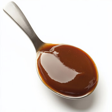 A close-up of a delicate and complex sauce, perhaps a demi-glace or b&Atilde;&copy;arnaise, served with a spoon or a small brush to emphasize its texture and sheen, the artistry of sauce making, a fundamental