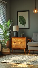 Sunlit living room corner featuring a mid-century dresser, armchair, potted plants, and a framed leaf print