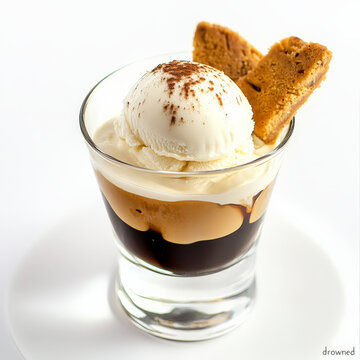 A close-up of a refreshing affogato dessert, a simple yet elegant Italian treat, with a scoop of vanilla gelato "drowned" in a shot of hot espresso, served in a glass and garnished with a biscotto,