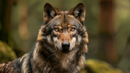 Obraz premium A close up portrait of a wolf with piercing yellow eyes looking directly at the camera in the forest