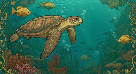Fototapeta premium Colorful underwater scene featuring a sea turtle swimming among vibrant coral reefs and tropical fish