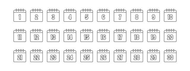 30 day calendar icon for month tracking with line style. Perfect for digital planners, scheduling apps, websites and educational materials that require date visuals.