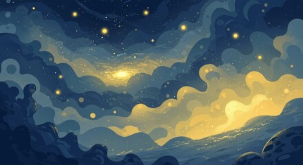 Dreamy cosmic landscape with swirling clouds and glowing stars in a night sky, creating a serene atmosphere