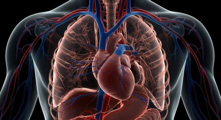 Detailed 3D Illustration of Human Heart Anatomy with Circulatory System in Chest