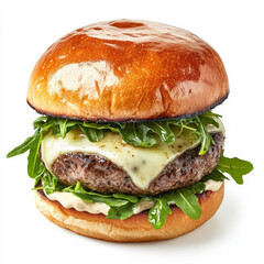 A gourmet truffle burger with a juicy beef patty, truffle aioli, melted Swiss cheese, and arugula, served on a toasted brioche bun. A luxurious twist on a classic burger. Isolated on clean white