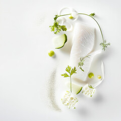 A monochromatic presentation in white: white fish, white sauce, white vegetables, arranged to create subtle variations in texture and shade, showcasing the elegance and purity of a unified color