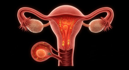 Detailed illustration of the female reproductive system highlighting ovaries fallopian tubes uterus and menstrual cycle
