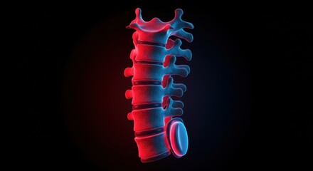 Detailed digital illustration of the cervical spine highlighting vertebral structure and disc interaction in a futuristic medical context