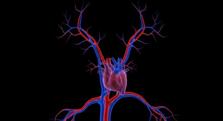 Detailed digital illustration of human heart with vibrant vascular system highlighting arteries and veins