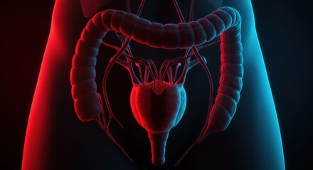Detailed digital illustration of human digestive and urinary system anatomy in vivid lighting