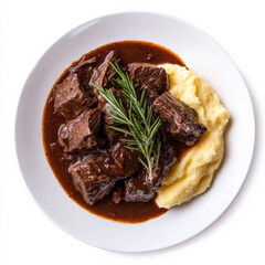 A plate of braised beef in Barolo wine, featuring tender beef braised in a rich and flavorful Barolo wine sauce, a classic Piedmontese dish, served with a side of creamy polenta or mashed potatoes and