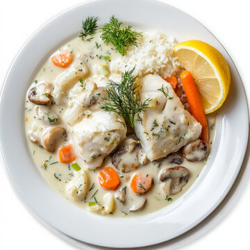 A plate of blanquette de poisson, a creamy fish stew, made with white fish fillets, mushrooms, carrots, pearl onions, and leeks, simmered in a white sauce with cream and lemon juice, resulting in a