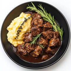 A plate of braised wild boar with juniper berries and red wine, featuring tender chunks of wild boar meat, braised slowly in a rich red wine sauce, infused with the aromatic flavors of juniper berries