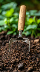 Small pile of compost with trowel resting atop, ready for gardening projects