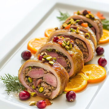 A plate of galantine de canard, a stuffed duck dish, with duck meat, minced pork, pistachios, and aromatic herbs, encased in a duck skin, poached or braised until tender, and served sliced as an