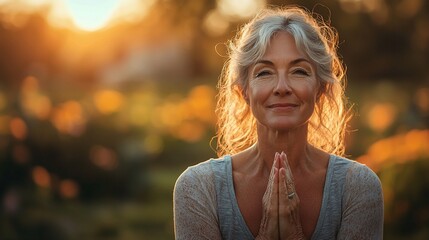 Mature woman meditating outdoors