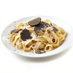 A plate of tagliatelle with truffle cream sauce, featuring long, flat noodles tossed in a rich and creamy sauce made with truffles, cream, and parmesan cheese, a luxurious and flavorful pasta dish,