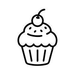 Outline cupcake with frosting and cherry on top in simple style, icon, vector  