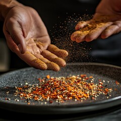 Hands scattering spice blend over mixed spice blend