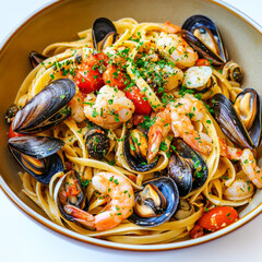 A vibrant bowl of linguine allo scoglio, featuring long, thin oval pasta tossed with a variety of fresh seafood, such as mussels, clams, shrimp, calamari, scallops, and a touch of cherry tomatoes,