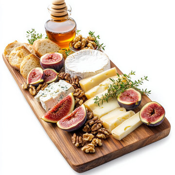 A vibrant platter of assorted goat cheese, featuring different types of French goat cheese, such as Crottin de Chavignol, Buche de Ch&Atilde;&uml;vre, and Sainte-Maure de Touraine, served with fresh figs, honey,