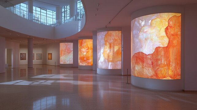 Art gallery with translucent orange abstract cylinders