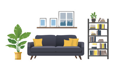 stylish living room with black couch and pictures