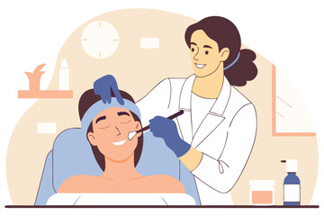 Professional skin care routine at a beauty salon, woman receiving facial massage, clean vector art, cosmetics and wellness theme
