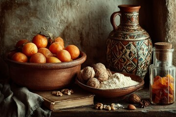 Rustic Still Life with Fresh Oranges Walnuts Flour and Dried Fruits in Ceramic Bowls and Gla