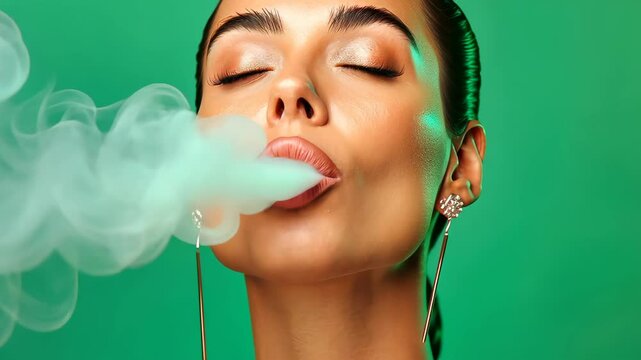 Serene Smoke: A portrait of serene beauty, where a person gracefully exhales a cloud of vapor against a vibrant backdrop of emerald green. The image explores themes of calmness, sophistication.