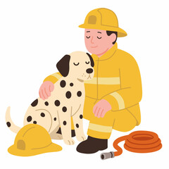 A firefighter kneels beside a Dalmatian dog, showcasing teamwork and companionship.