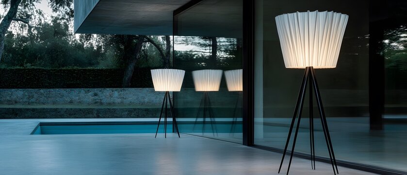 Modern Tripod Floor Lamps Illuminating Poolside Patio