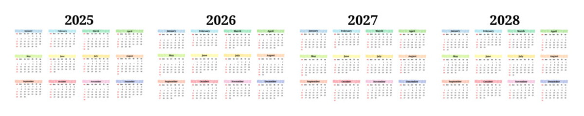 Set of calendars for 2025, 2026, 2027 and 2028 on a white background