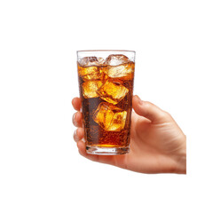 Hand Holding a Glass of Refreshing Cola with Ice Cubes