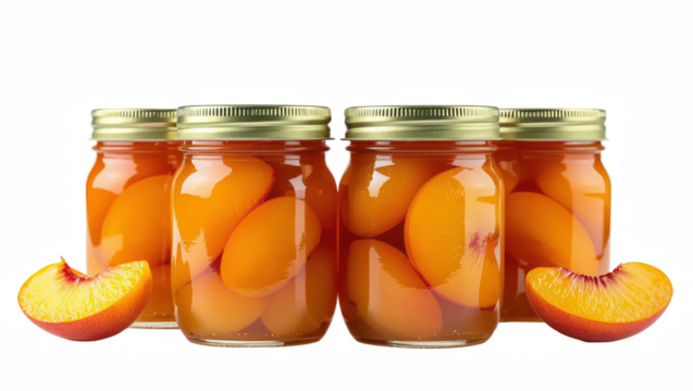 Canned peach jars with fruit slices arranged on transparent background  