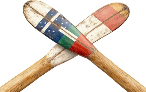 National flags displayed on the blades of crossed rowing oars for international event isolated on white background PNG - Powered by Adobe