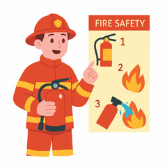 A firefighter presenting fire safety tips with a fire extinguisher illustration.