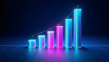 Neon bar graph showing upward trend with line on grid against dark background