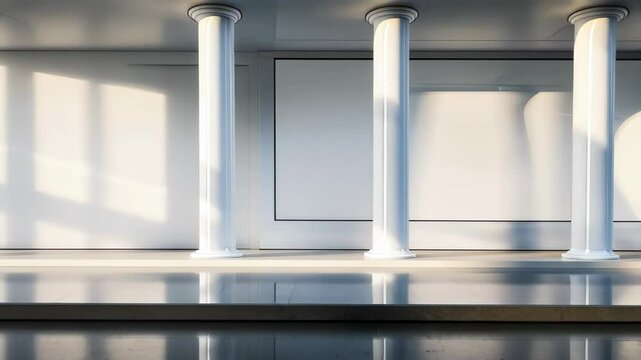 Columns of Strength: Sunlight bathes a classical interior, highlighting pristine columns and casting dramatic shadows, a modern minimalist architectural masterpiece.
