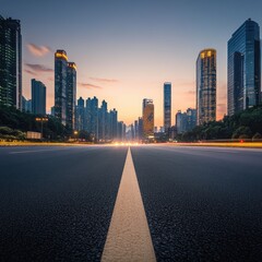 Urban sunrise cityscape on a road