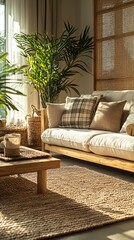 Sunlit living room with comfy sofa, natural textures, and lush plant