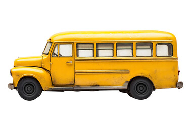 Small toy model of a classic school bus painted in eye-catching bright yellow shade isolated on white background PNG