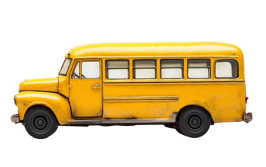 Small toy model of a classic school bus painted in eye-catching bright yellow shade isolated on white background PNG