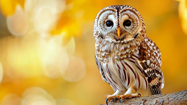 Wise Owl in Autumn: A majestic barred owl with piercing eyes, perched on a branch against a backdrop of vibrant fall foliage.