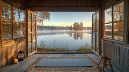 Fototapeta premium Cabin view tranquil lake, misty dawn, autumn leaves